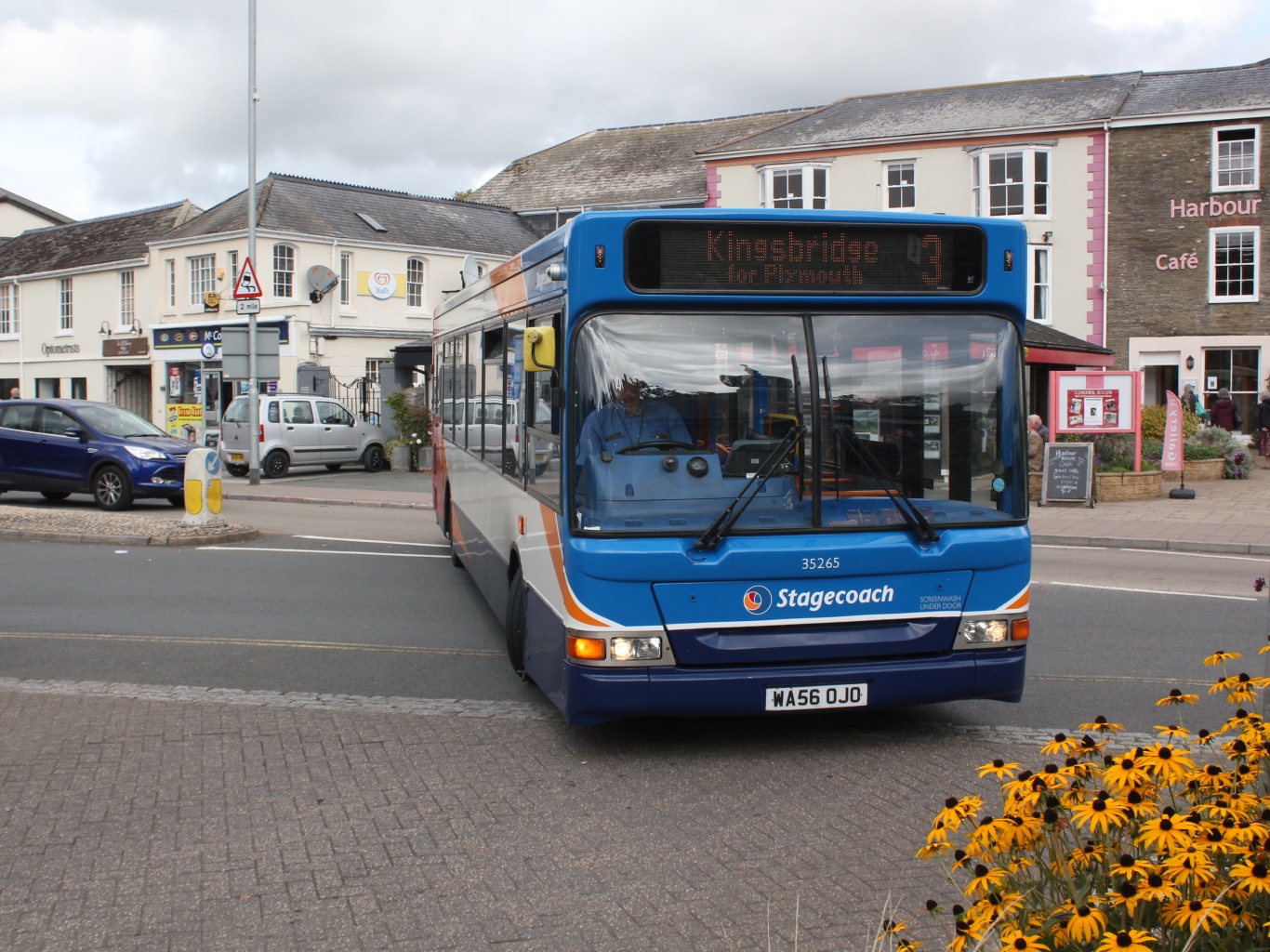 Stagecoach Devon's 35265 (an Alexander Dennis Dart registered WA56OjO) turns in to the bus station at Kingsbridge. It is on route 3 from Dartmouth but has been diverted due to road works at Slapton. Copyright Geof Shepherd